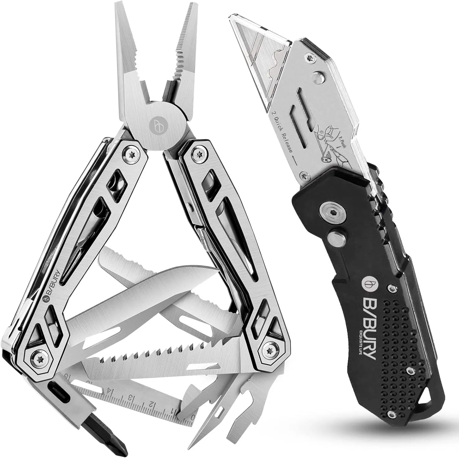 BIBURY Multi Tool & Utility Knife Set, 21 in 1 Portable Multitool, Folding Box Cutter, Quick Change Blade, Pocket Knife Pliers Tools for Outdoors, Camping, Fishing, Hiking, Home Repairs and Survival