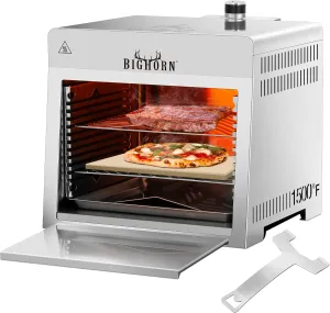 BIG HORN OUTDOORS 1500°F Small Infrared Propane Gas Grill – Portable Steak Broiler & Sear Station, Outdoor Salamander BBQ with Pizza Stone, Stainless Steel