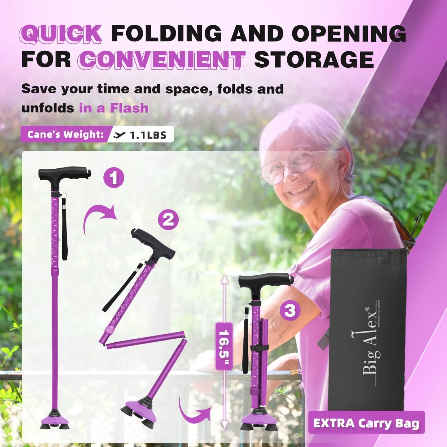 BigAlex Folding Walking Cane with LED Light, Lightweight Adjustable Canes for Women & Men, Free Standing Canes, Pivot Tip, Adjustable Travel Walking Aids with Carry Bag for Seniors Balance & Stability