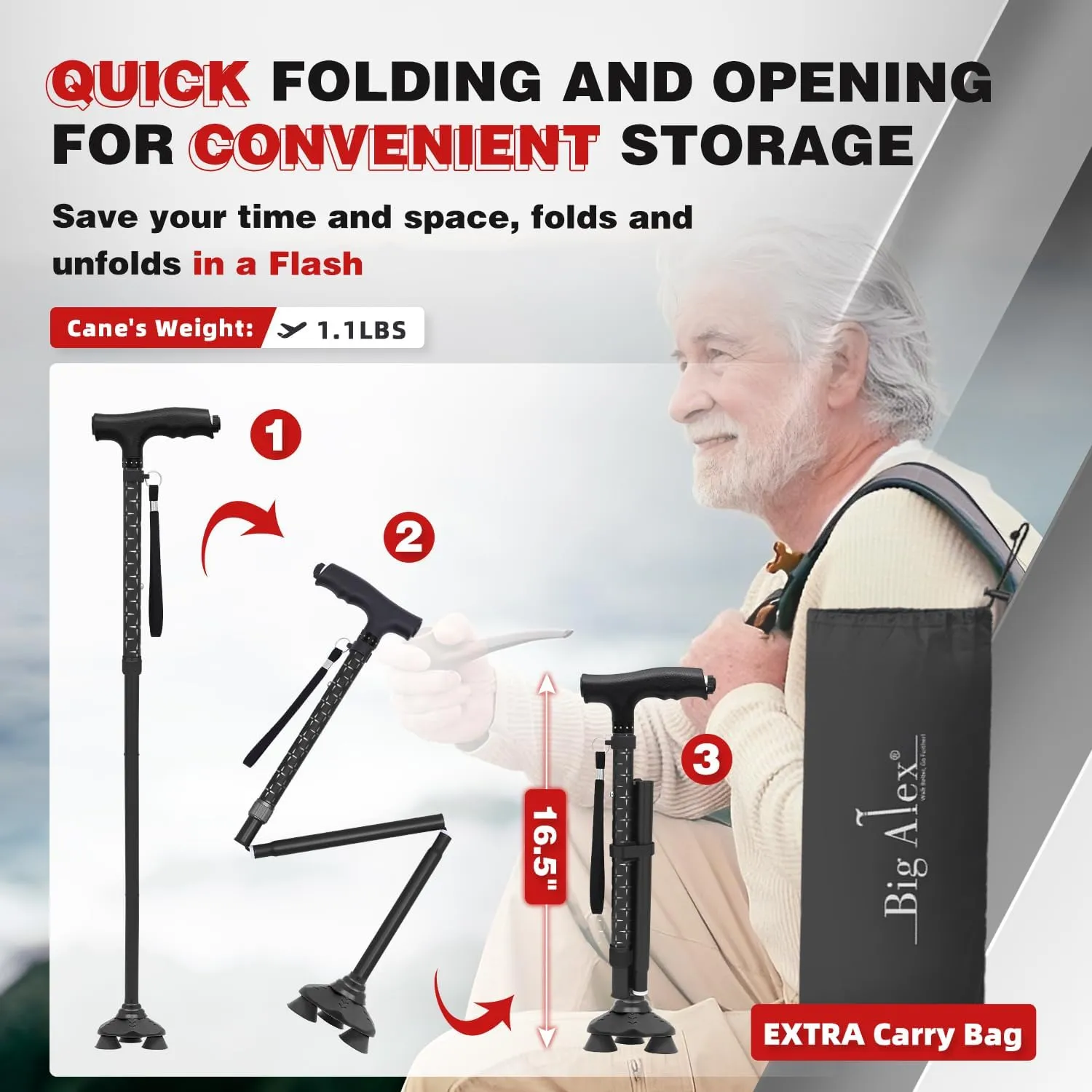 BigAlex Folding Walking Cane with LED Light, Lightweight Adjustable Canes for Women & Men, Free Standing Canes, Pivot Tip, Adjustable Travel Walking Aids with Carry Bag for Seniors Balance & Stability