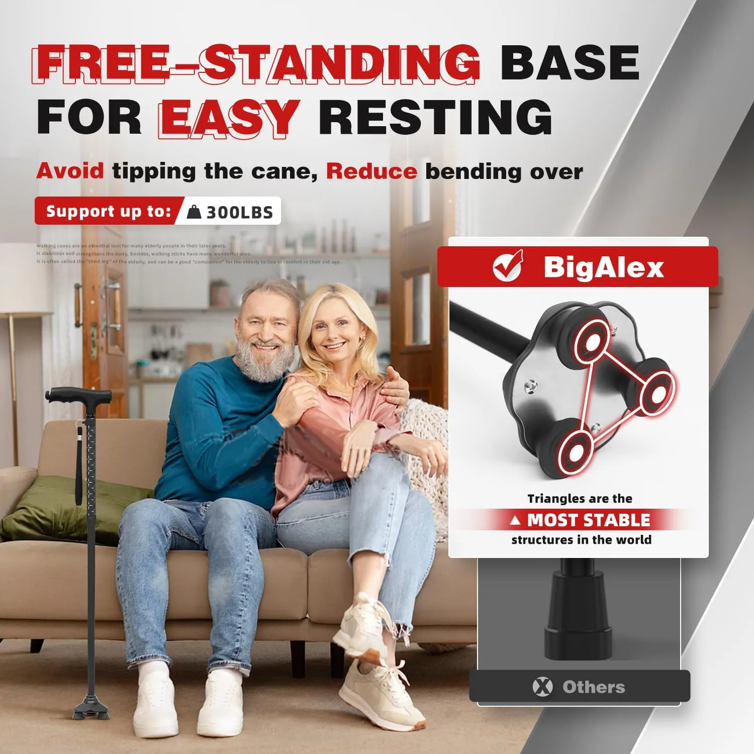BigAlex Folding Walking Cane with LED Light, Lightweight Adjustable Canes for Women & Men, Free Standing Canes, Pivot Tip, Adjustable Travel Walking Aids with Carry Bag for Seniors Balance & Stability
