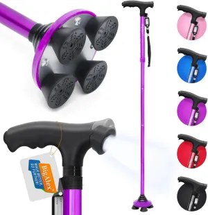 BigAlex Folding Walking Cane with LED Light,Pivoting Quad Base,Adjustable Walking Stick with Carrying Bag for Man/Woman (Alloy Base)