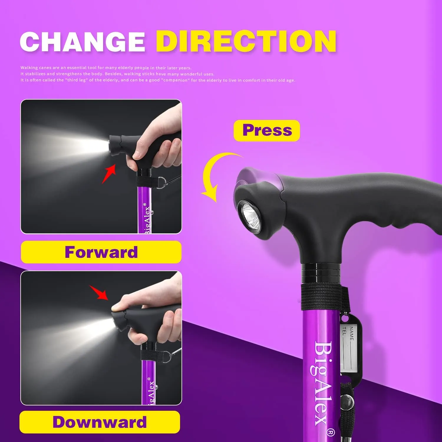 BigAlex Folding Walking Cane with LED Light,Pivoting Quad Base,Adjustable Walking Stick with Carrying Bag for Man/Woman (Alloy Base)