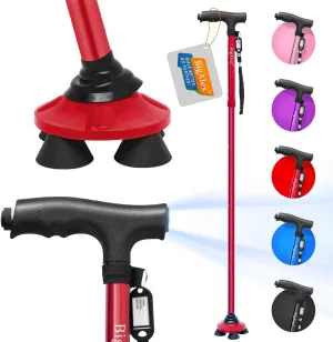 BigAlex Folding Walking Cane with LED Light,Pivoting Quad Base,Adjustable Walking Stick with Carrying Bag for Man/Woman (Alloy Base)