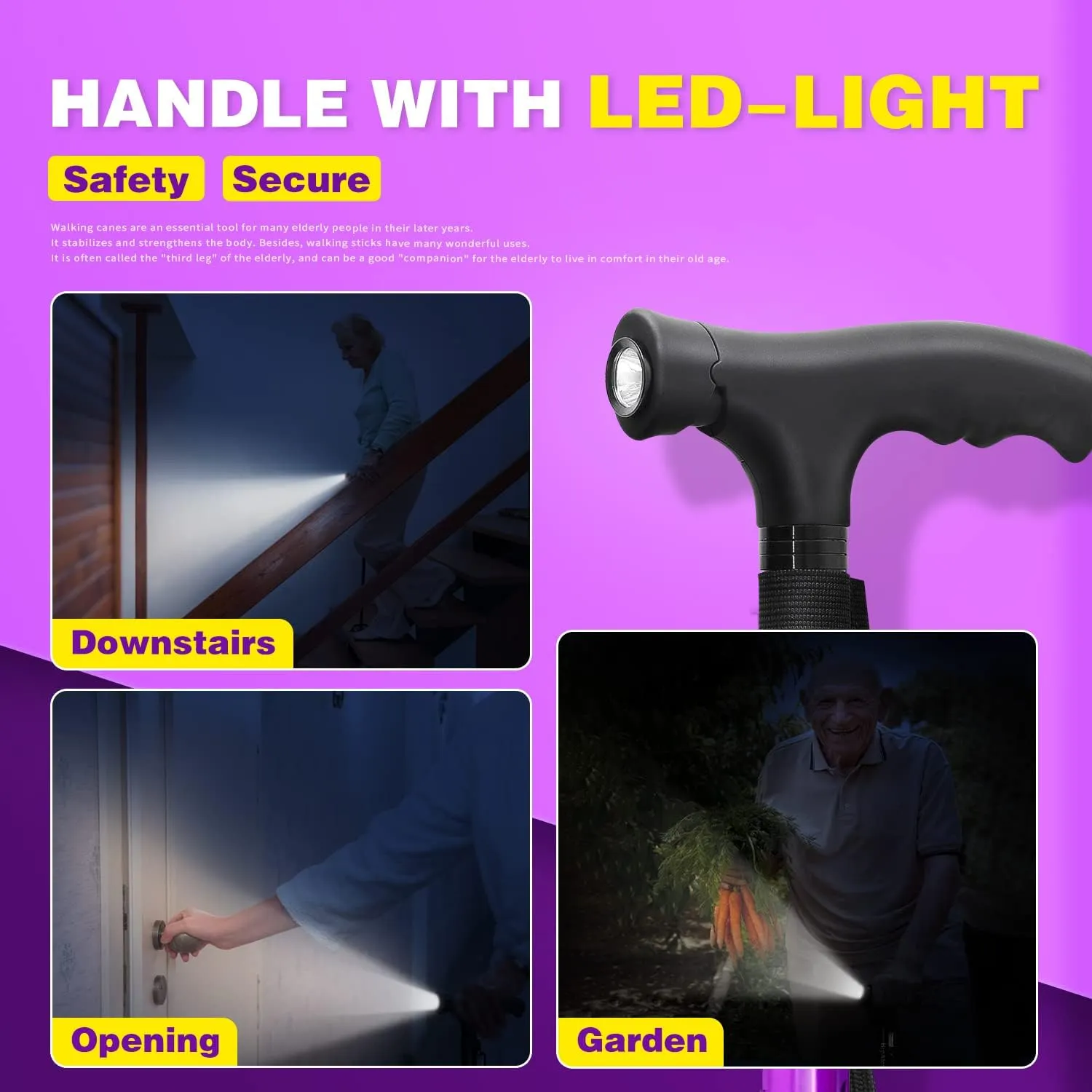 BigAlex Folding Walking Cane with LED Light,Pivoting Quad Base,Adjustable Walking Stick with Carrying Bag for Man/Woman (Alloy Base)