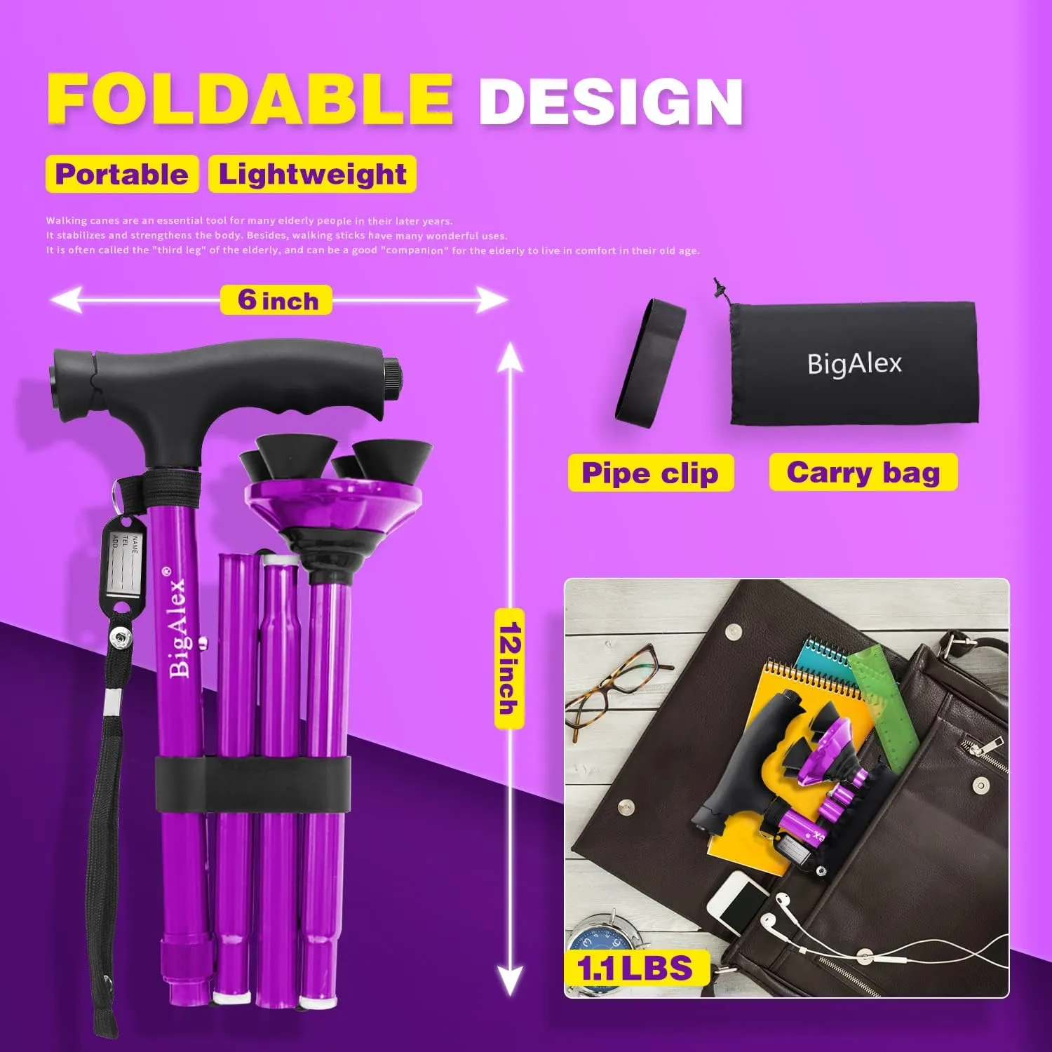 BigAlex Folding Walking Cane with LED Light,Pivoting Quad Base,Adjustable Walking Stick with Carrying Bag for Man/Woman (Alloy Base)