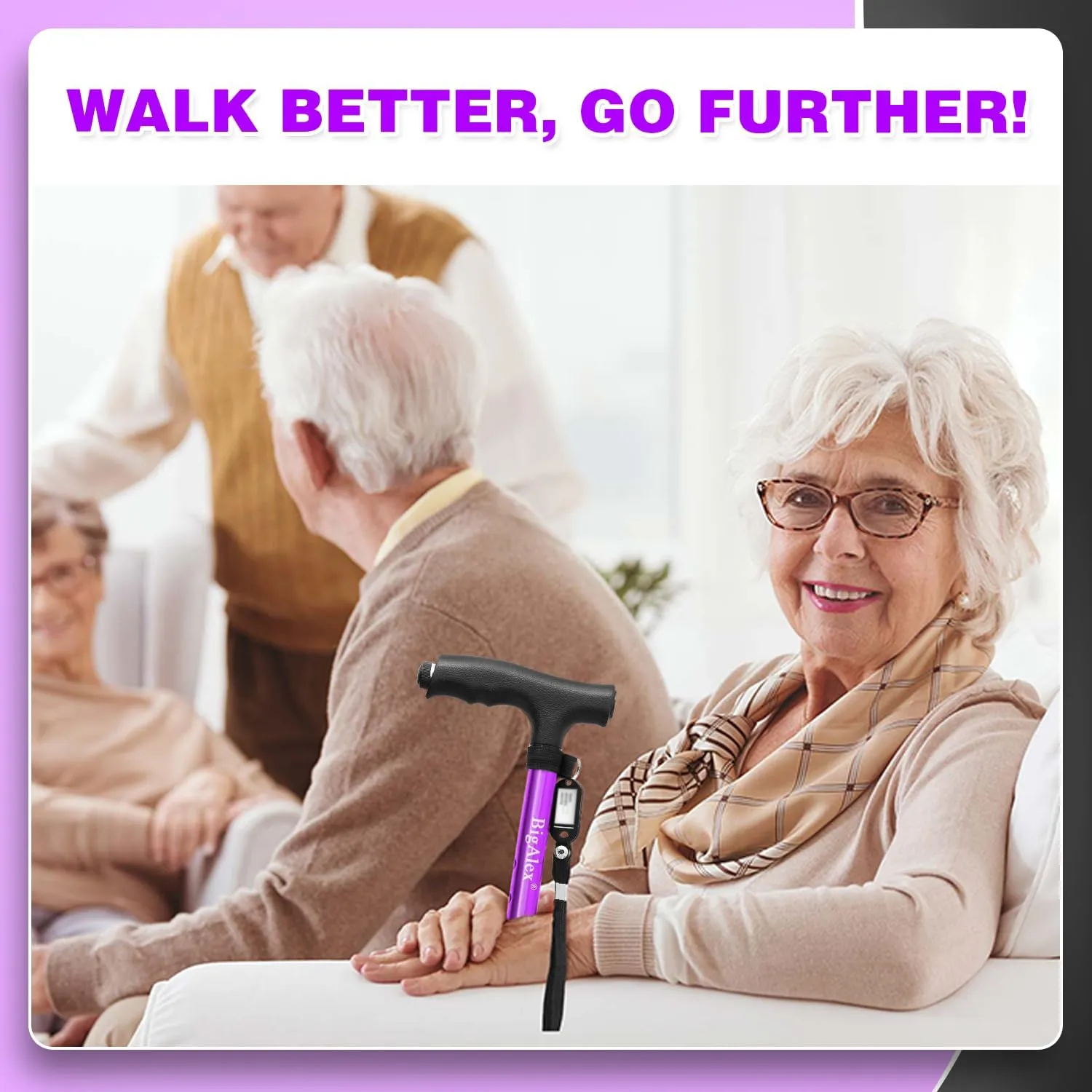 BigAlex Folding Walking Cane with LED Light,Pivoting Quad Base,Adjustable Walking Stick with Carrying Bag for Men/Women