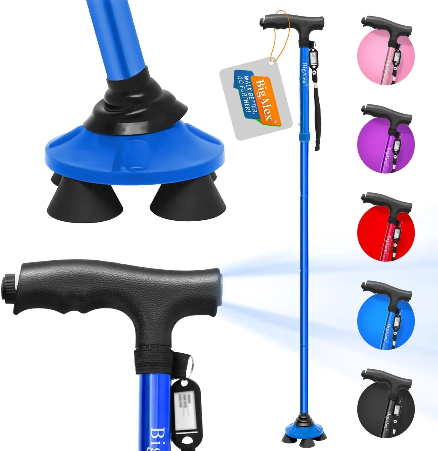 BigAlex Folding Walking Cane with LED Light,Pivoting Quad Base,Adjustable Walking Stick with Carrying Bag for Men/Women