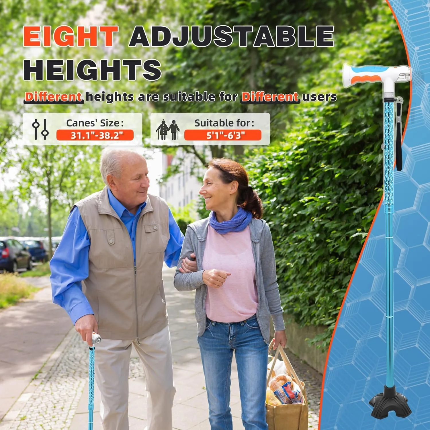 BigAlex Folding Walking Cane with Two Led Lights for Elderly Solid Base Adjustable Walking Stick with Carrying Bag for Men Women