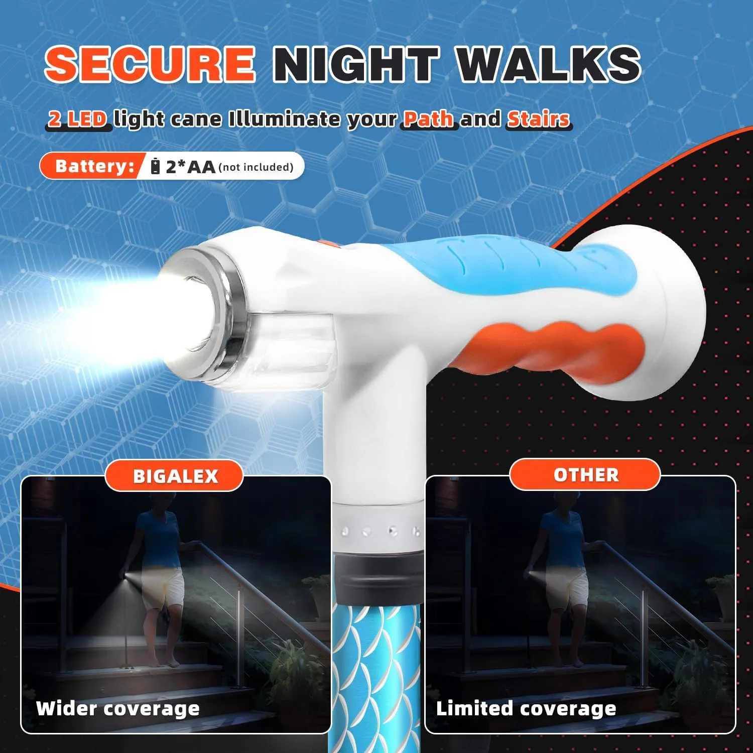 BigAlex Folding Walking Cane with Two Led Lights for Elderly Solid Base Adjustable Walking Stick with Carrying Bag for Men Women