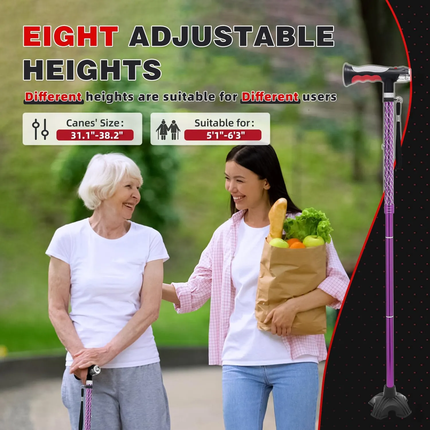 BigAlex Folding Walking Cane with Two Led Lights for Elderly Solid Base Adjustable Walking Stick with Carrying Bag for Men Women