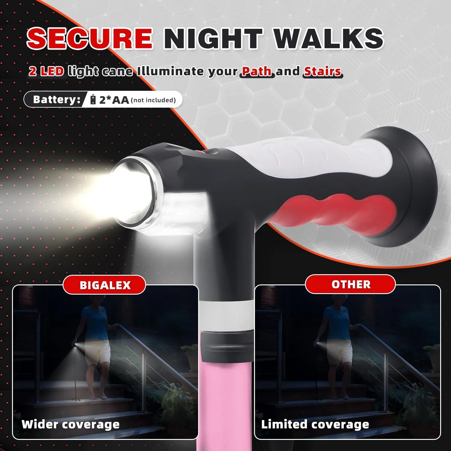 BigAlex Folding Walking Cane with Two Led Lights for Elderly Solid Base Adjustable Walking Stick with Carrying Bag for Men Women
