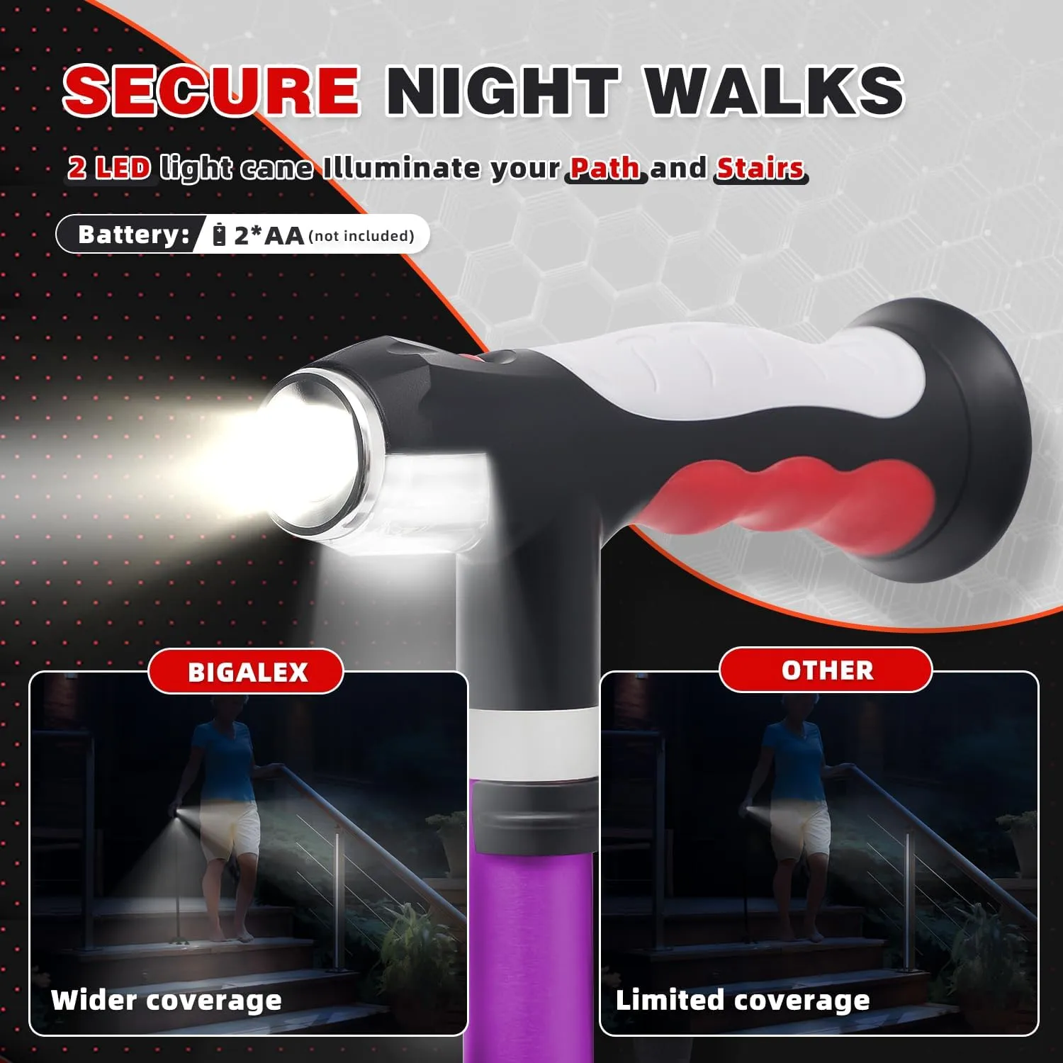BigAlex Folding Walking Cane with Two Led Lights for Elderly Solid Base Adjustable Walking Stick with Carrying Bag for Men Women