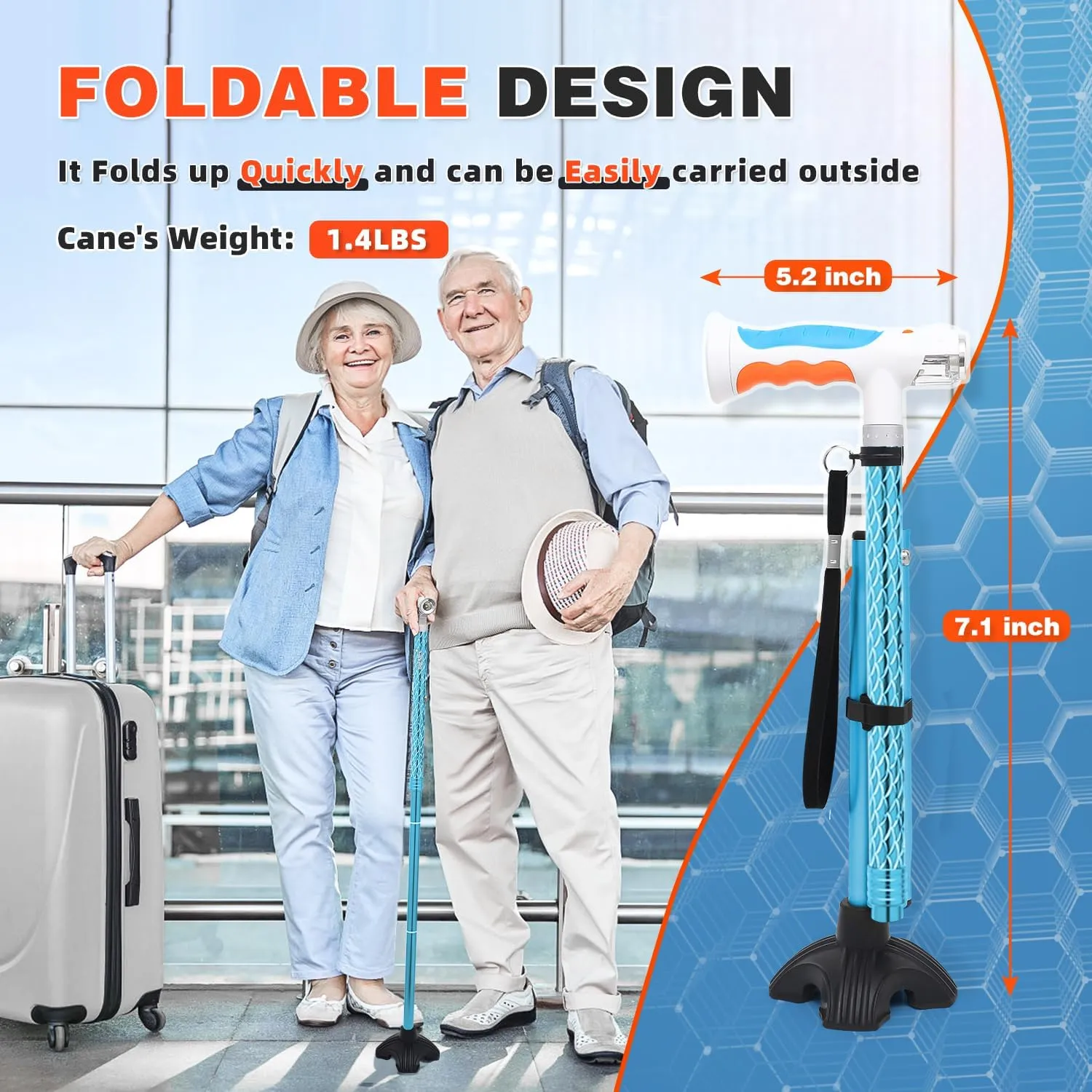 BigAlex Folding Walking Cane with Two Led Lights for Elderly Solid Base Adjustable Walking Stick with Carrying Bag for Men Women
