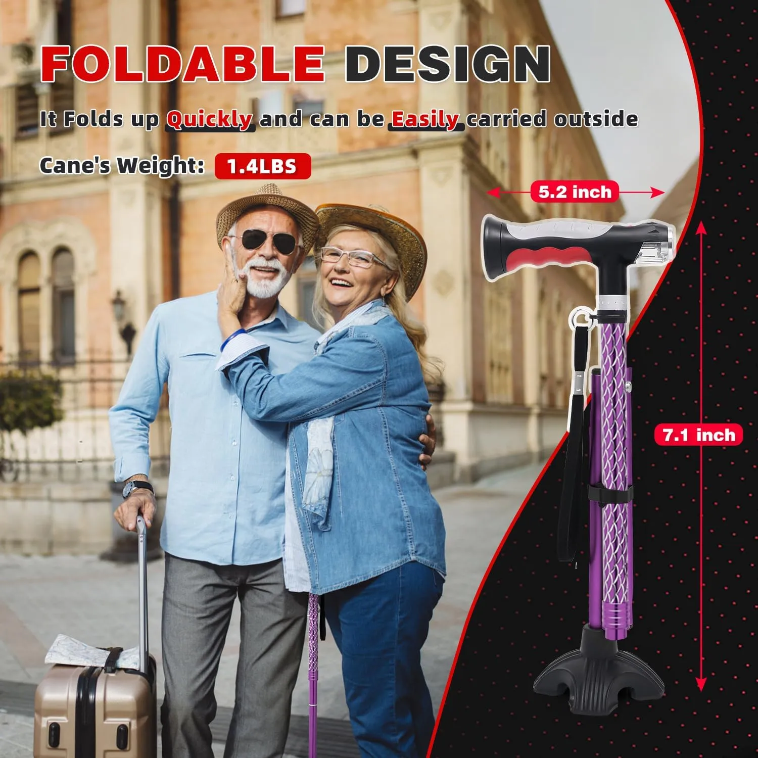 BigAlex Folding Walking Cane with Two Led Lights for Elderly Solid Base Adjustable Walking Stick with Carrying Bag for Men Women