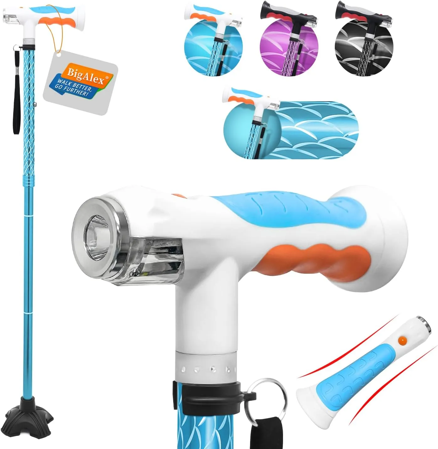BigAlex Folding Walking Cane with Two Led Lights for Elderly Solid Base Adjustable Walking Stick with Carrying Bag for Men Women