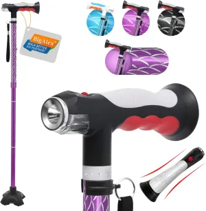 BigAlex Folding Walking Cane with Two Led Lights for Elderly Solid Base Adjustable Walking Stick with Carrying Bag for Men Women