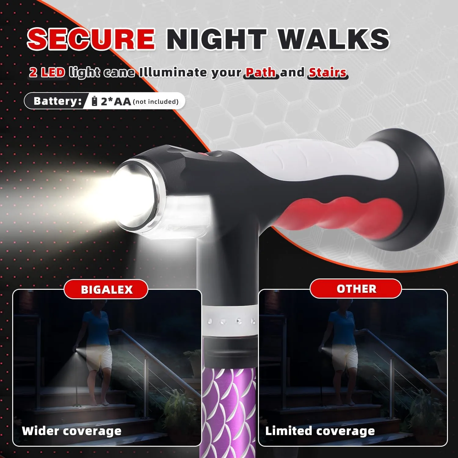 BigAlex Folding Walking Cane with Two Led Lights for Elderly Solid Base Adjustable Walking Stick with Carrying Bag for Men Women