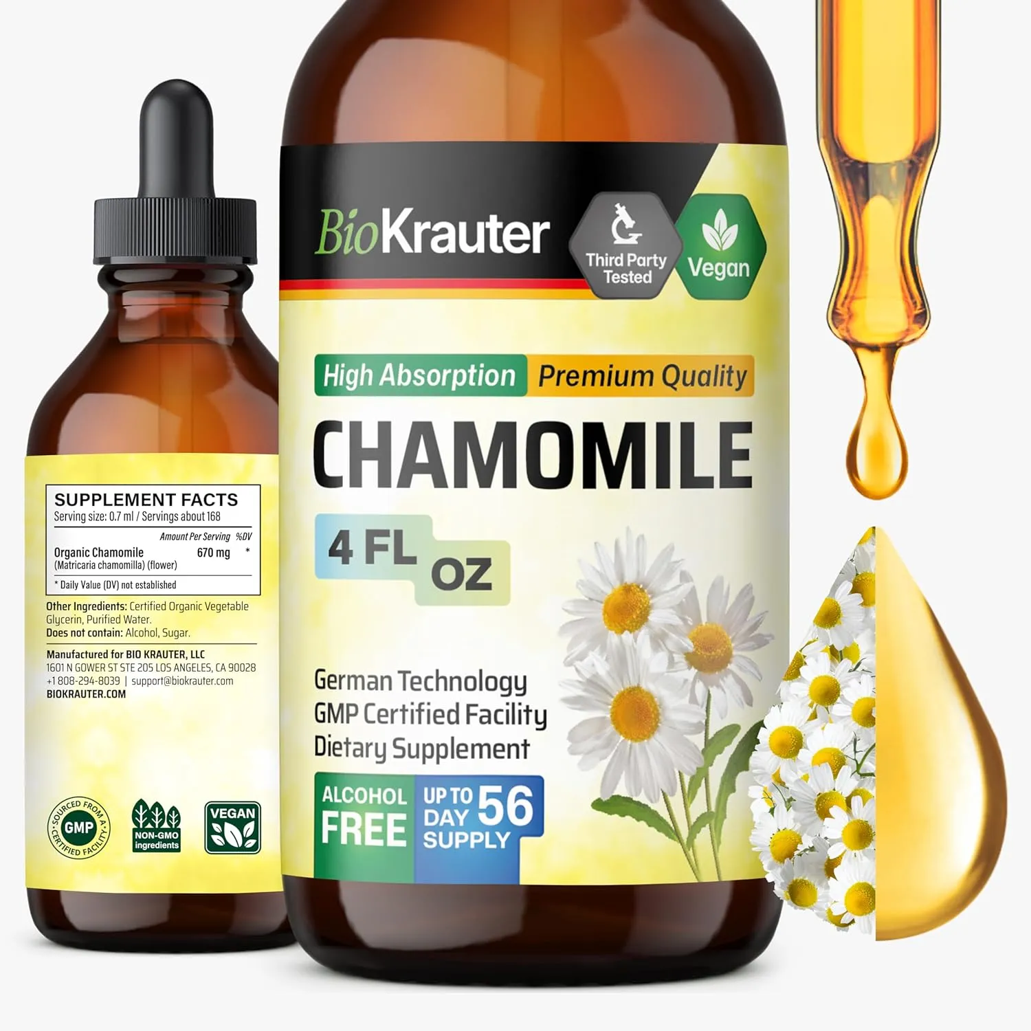 BIO KRAUTER Chamomile Tincture - Chamomile Extract - Supplement for Relaxation and Calmness Support - Alcohol and Sugar Free - Vegan Drops 4 Fl.Oz.