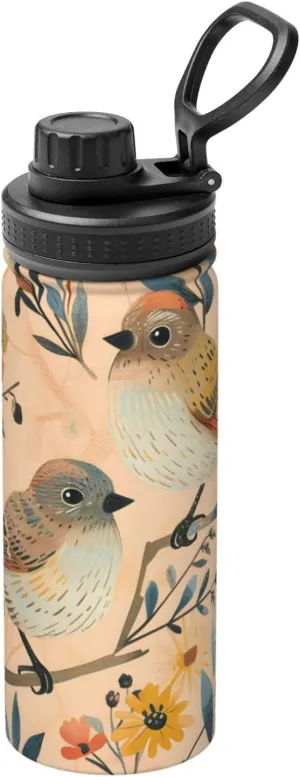 Birds Leaf Flower Sports Insulated Water Bottle 18oz Stainless Steel Metal Water Bottles with Handle and Spout Lid Reusable Leakproof Double Wall Water Flask for Men Women Travel Gym
