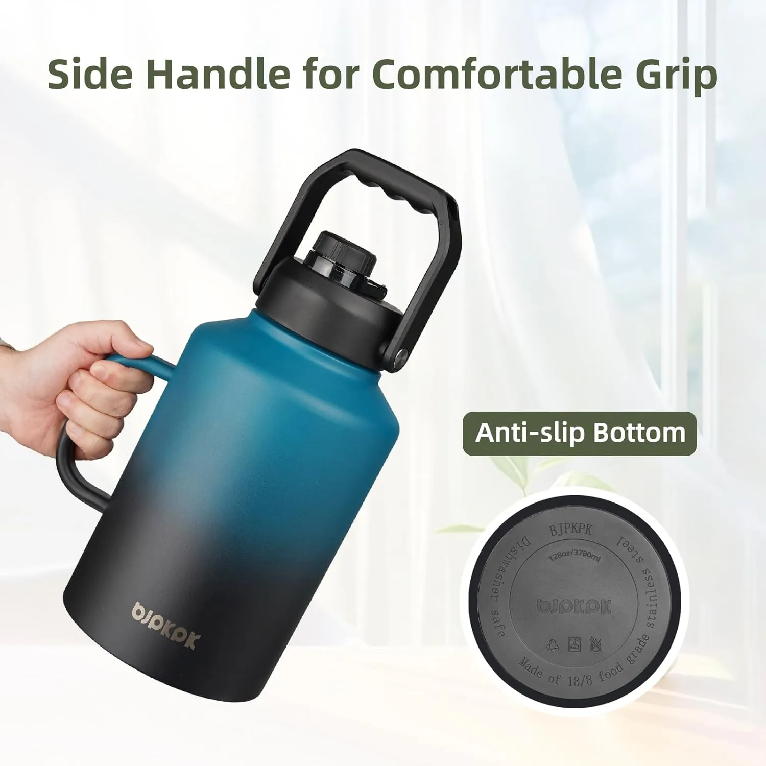 BJPKPK 1 Gallon Water Bottle with Handle, Large Dishwasher Safe 128oz Insulated Water Bottle, BPA Free Water Jug, Wide Mouth Metal Water Bottle with Anti-slip Bottom, Keep Cold & Hot,Sky