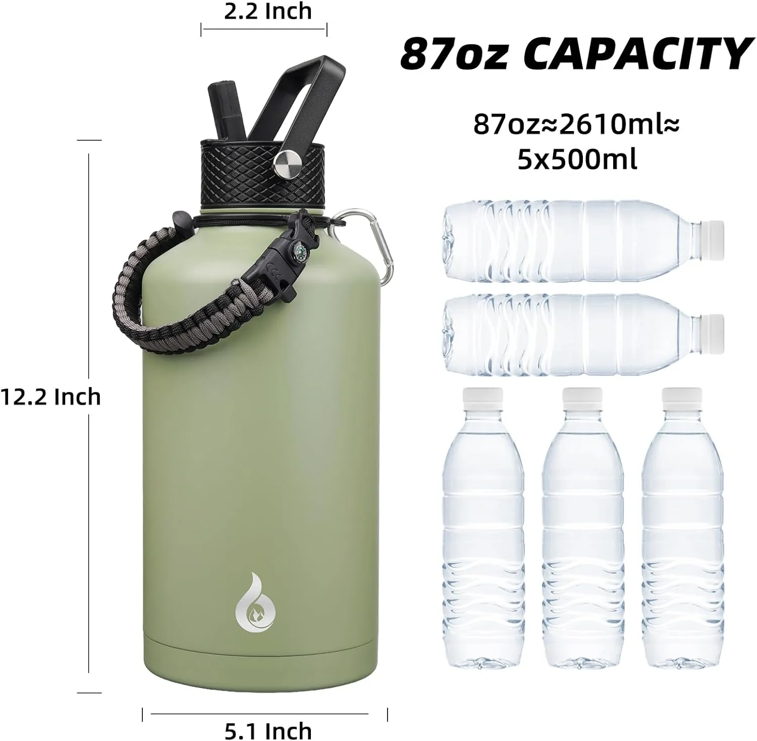 BJPKPK 2/3 Gallon Water Bottle with Straw Lid, 50oz, 64oz, 87oz, 128oz Large, Stainless Steel Water Bottles with 3 Lids and Paracord Handle, Double Wall Vacuum Metal Water Jug, Camp Green