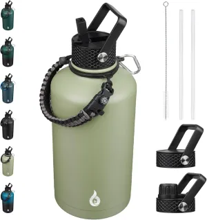 BJPKPK 2/3 Gallon Water Bottle with Straw Lid, 50oz, 64oz, 87oz, 128oz Large, Stainless Steel Water Bottles with 3 Lids and Paracord Handle, Double Wall Vacuum Metal Water Jug, Camp Green