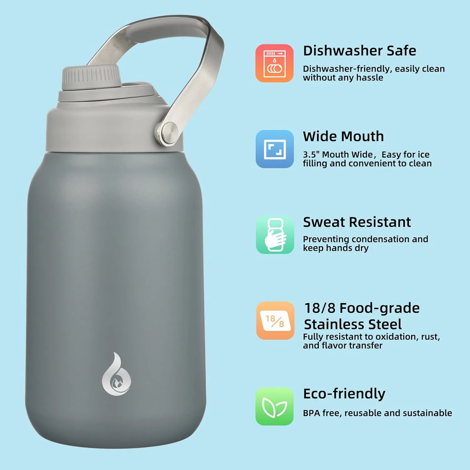 BJPKPK Half Gallon Insulated Water Bottles, 64oz Water Jug with Metal Handle & BPA Free Spout Lid, Dishwasher Safe Thermos, Large Stainless Steel Gym Sport Jugs, Grey
