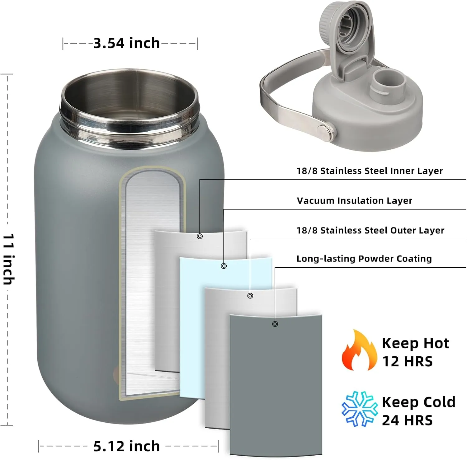 BJPKPK Half Gallon Insulated Water Bottles, 64oz Water Jug with Metal Handle & BPA Free Spout Lid, Dishwasher Safe Thermos, Large Stainless Steel Gym Sport Jugs, Grey