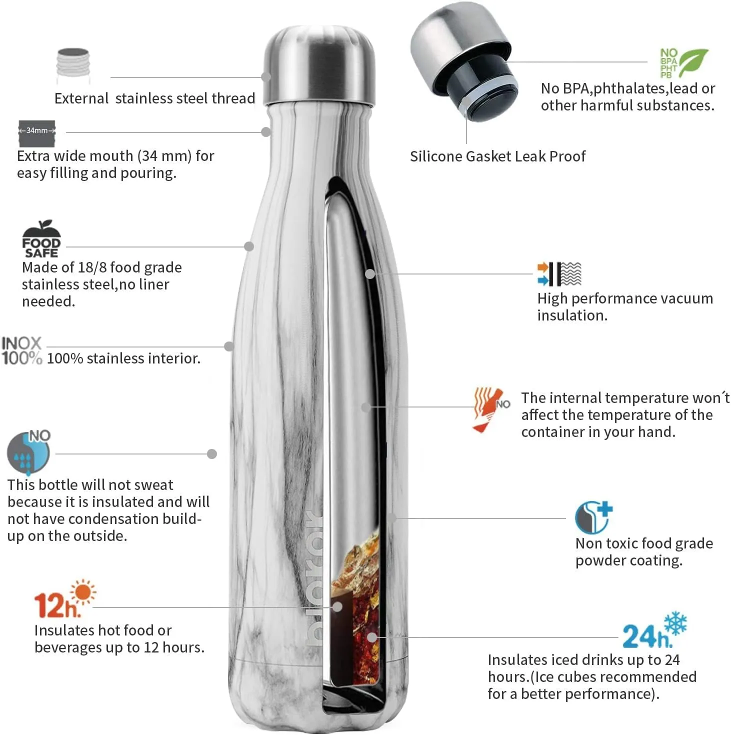 BJPKPK Insulated Water Bottles 17oz Stainless Steel Sports Water Bottles Keep Cold for 24 Hours and Hot for 12 Hours,BPA Free,White Birch