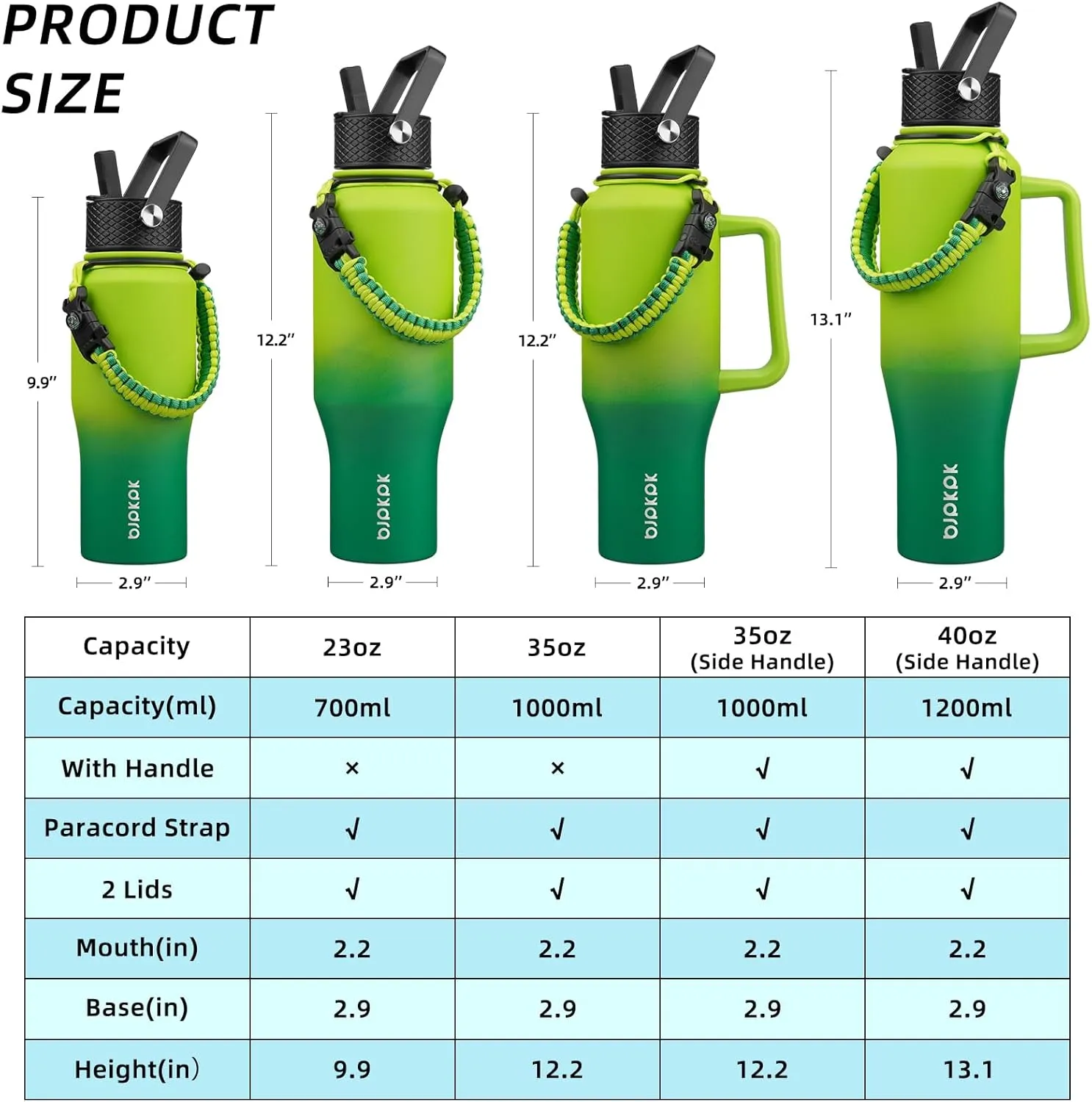 BJPKPK Insulated Water Bottles with Straw Lid, 23oz Metal Water Bottle with 2 lids & Paracord Strap, Double Wall Stainless Steel Vacuum Tumblers, Cups, Mugs, Thermos for Hot& Cold Drinks, Bamboo Grove