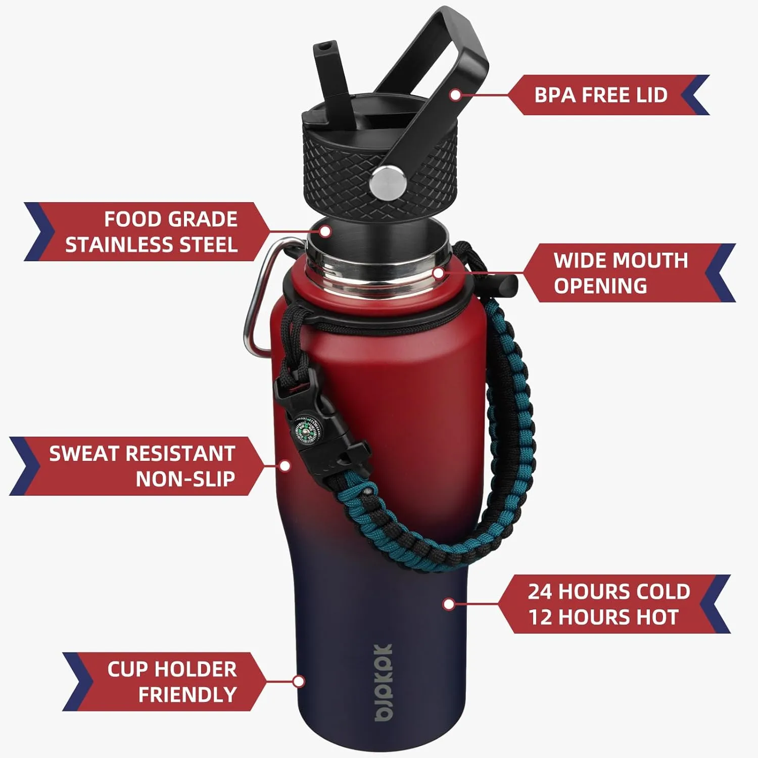 BJPKPK Insulated Water Bottles with Straw Lid, 23oz Metal Water Bottle with 2 lids & Paracord Strap, Double Wall Stainless Steel Vacuum Tumblers, Cups,Thermos for Hot& Cold Drinks,Charming Red