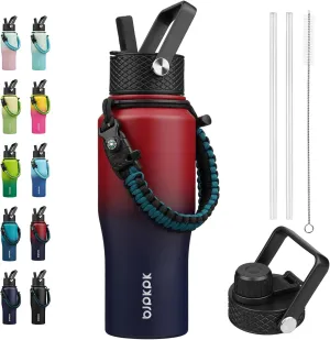 BJPKPK Insulated Water Bottles with Straw Lid, 23oz Metal Water Bottle with 2 lids & Paracord Strap, Double Wall Stainless Steel Vacuum Tumblers, Cups,Thermos for Hot& Cold Drinks,Charming Red