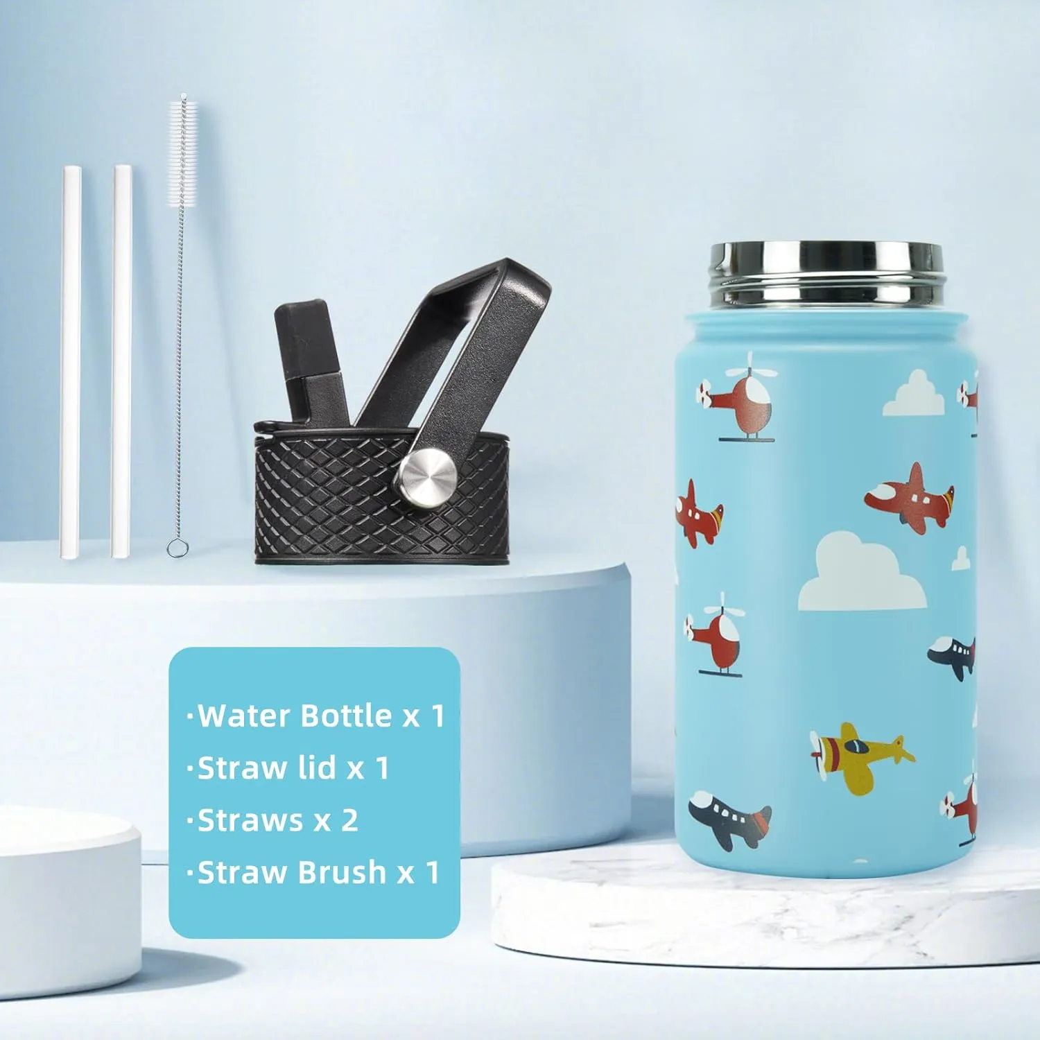 BJPKPK Water Bottle with Straw Lid, 15 oz Insulated Water Bottle, Stainless Steel Metal Water Bottles, Reusable Leak Proof BPA Free Thermos, Flask, Cups, Aircraft