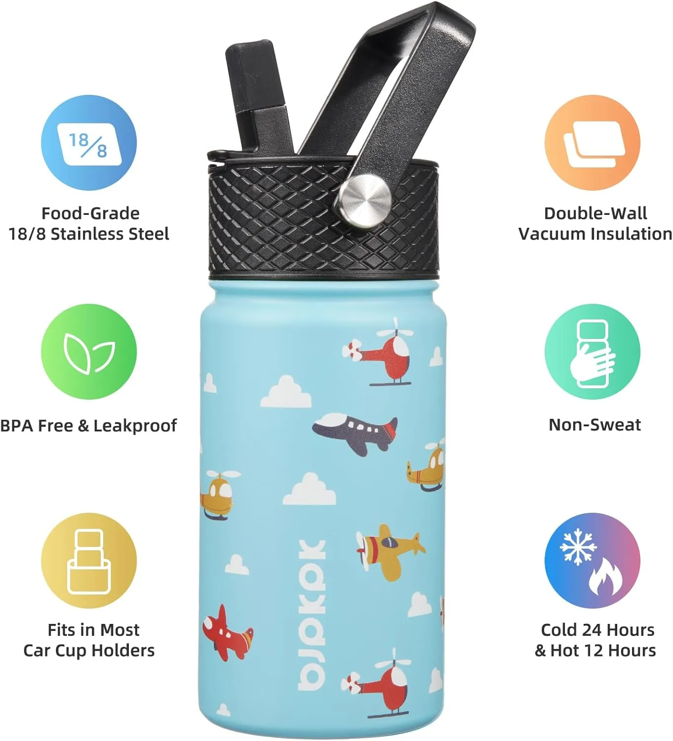 BJPKPK Water Bottle with Straw Lid, 15 oz Insulated Water Bottle, Stainless Steel Metal Water Bottles, Reusable Leak Proof BPA Free Thermos, Flask, Cups, Aircraft