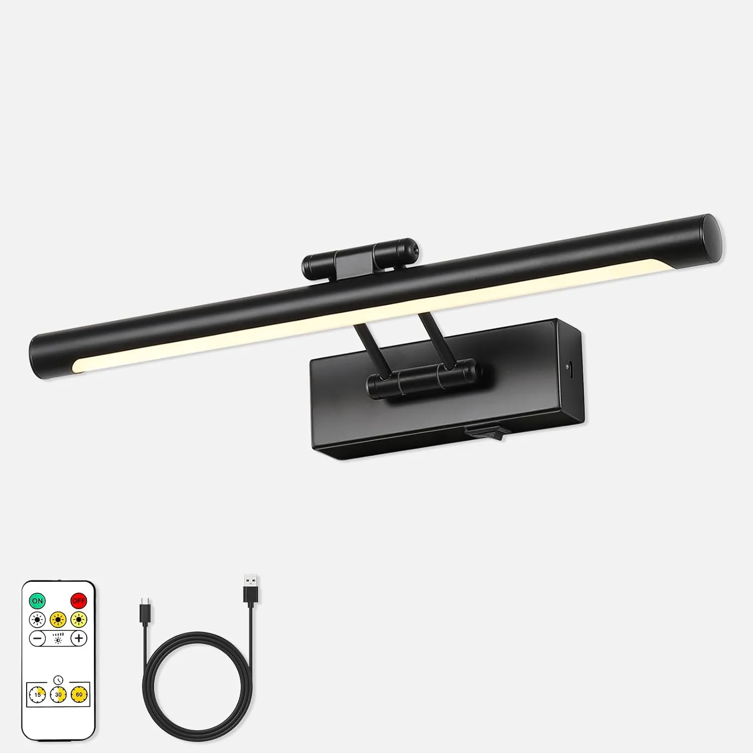 Black Battery Operated Wall Sconce - 3CCT Dimmable 15.75" Long - Swing Arm Wireless Picture Light - Remote Control & Timed Settings