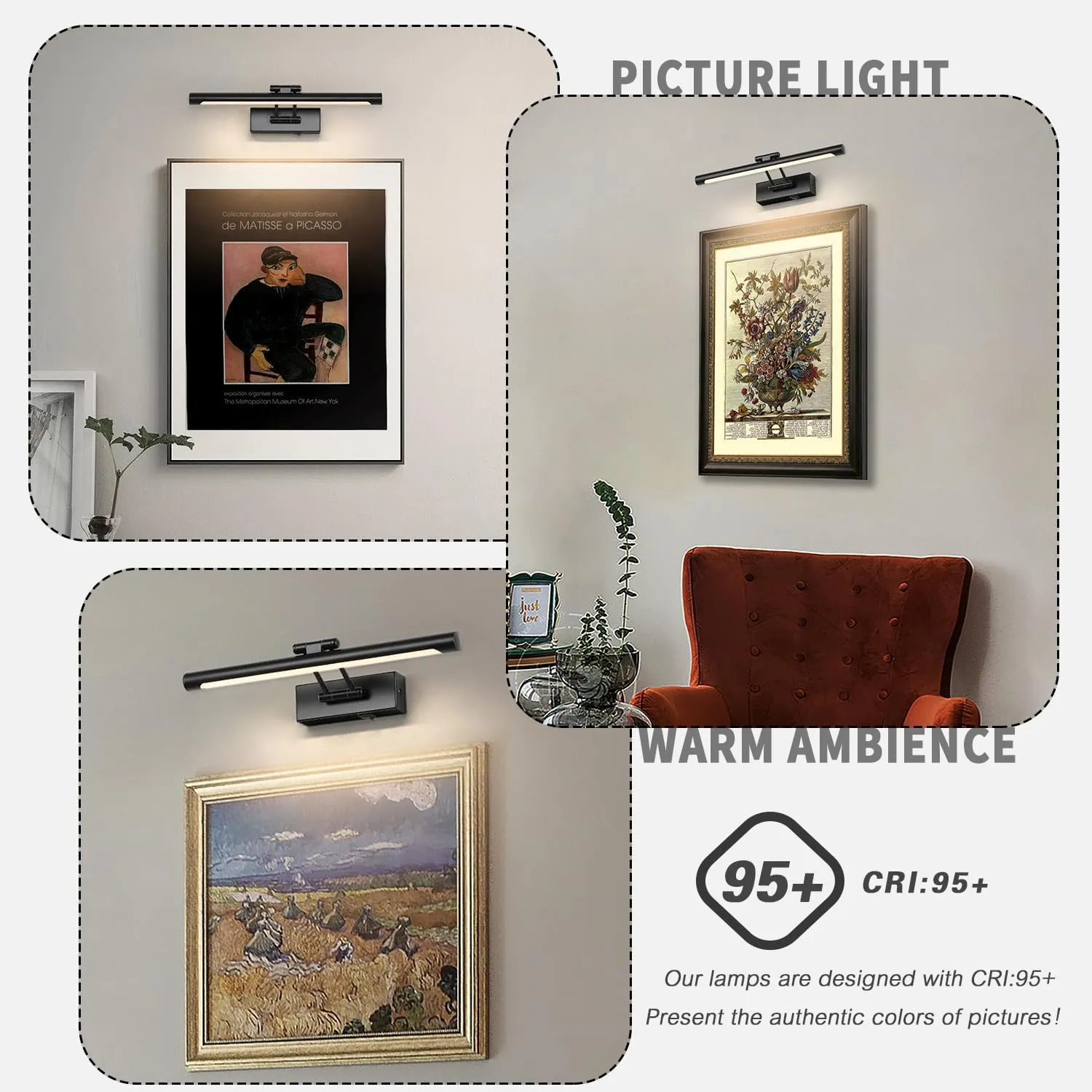 Black Battery Operated Wall Sconce - 3CCT Dimmable 15.75" Long - Swing Arm Wireless Picture Light - Remote Control & Timed Settings