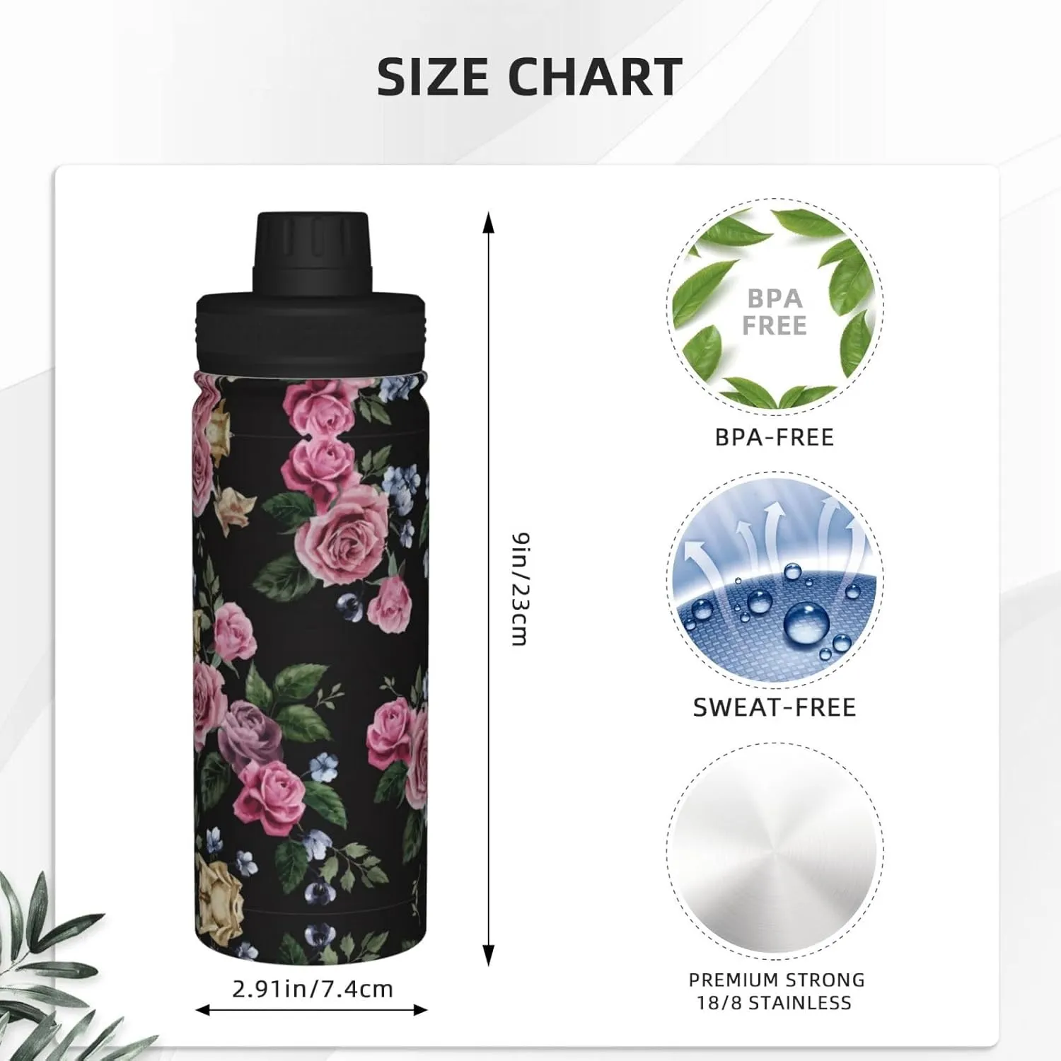 Black Blackgound Rose 18oz Sports Insulated Bottle For Outdoor Activities,Your Ideal Companion Staying Hydrated