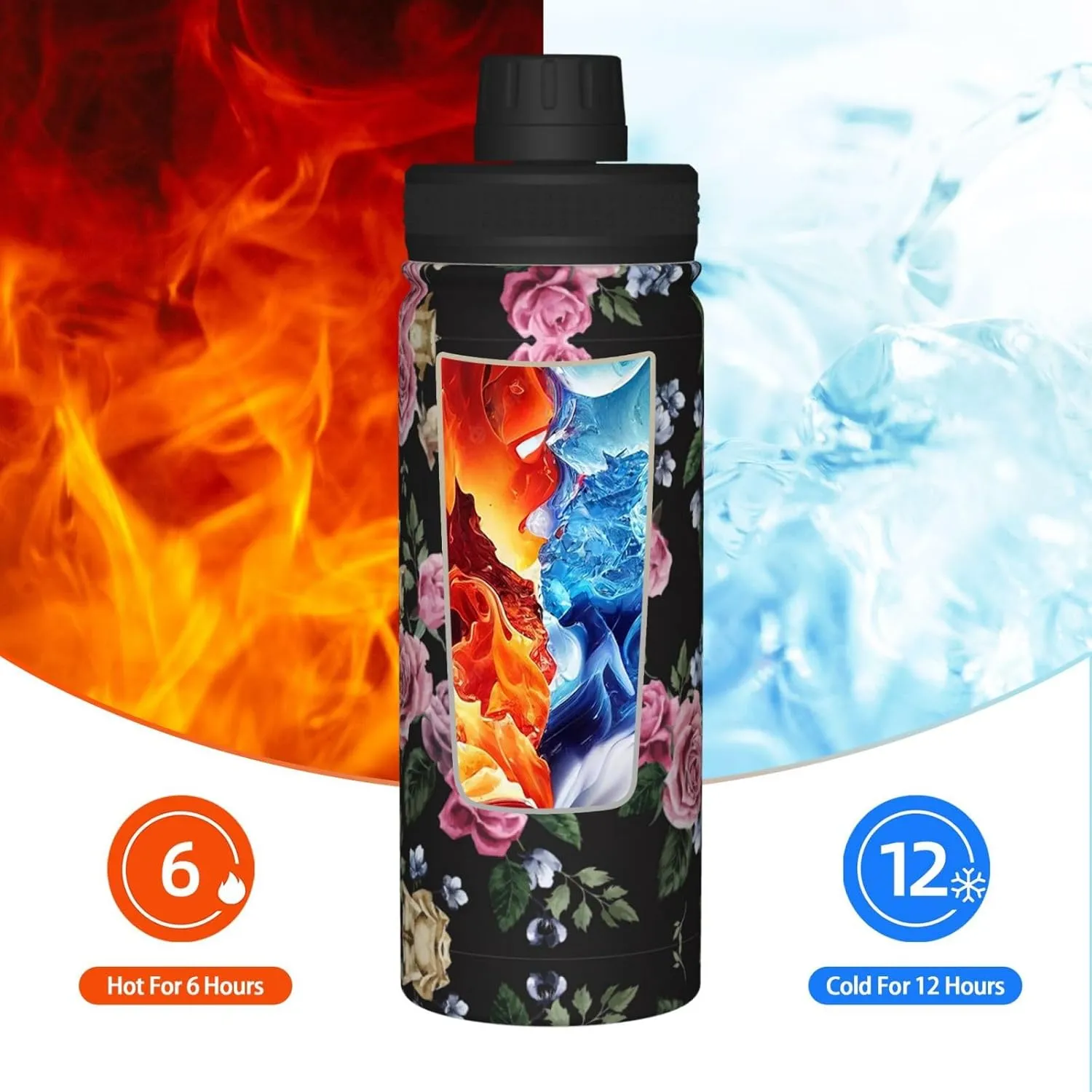 Black Blackgound Rose 18oz Sports Insulated Bottle For Outdoor Activities,Your Ideal Companion Staying Hydrated