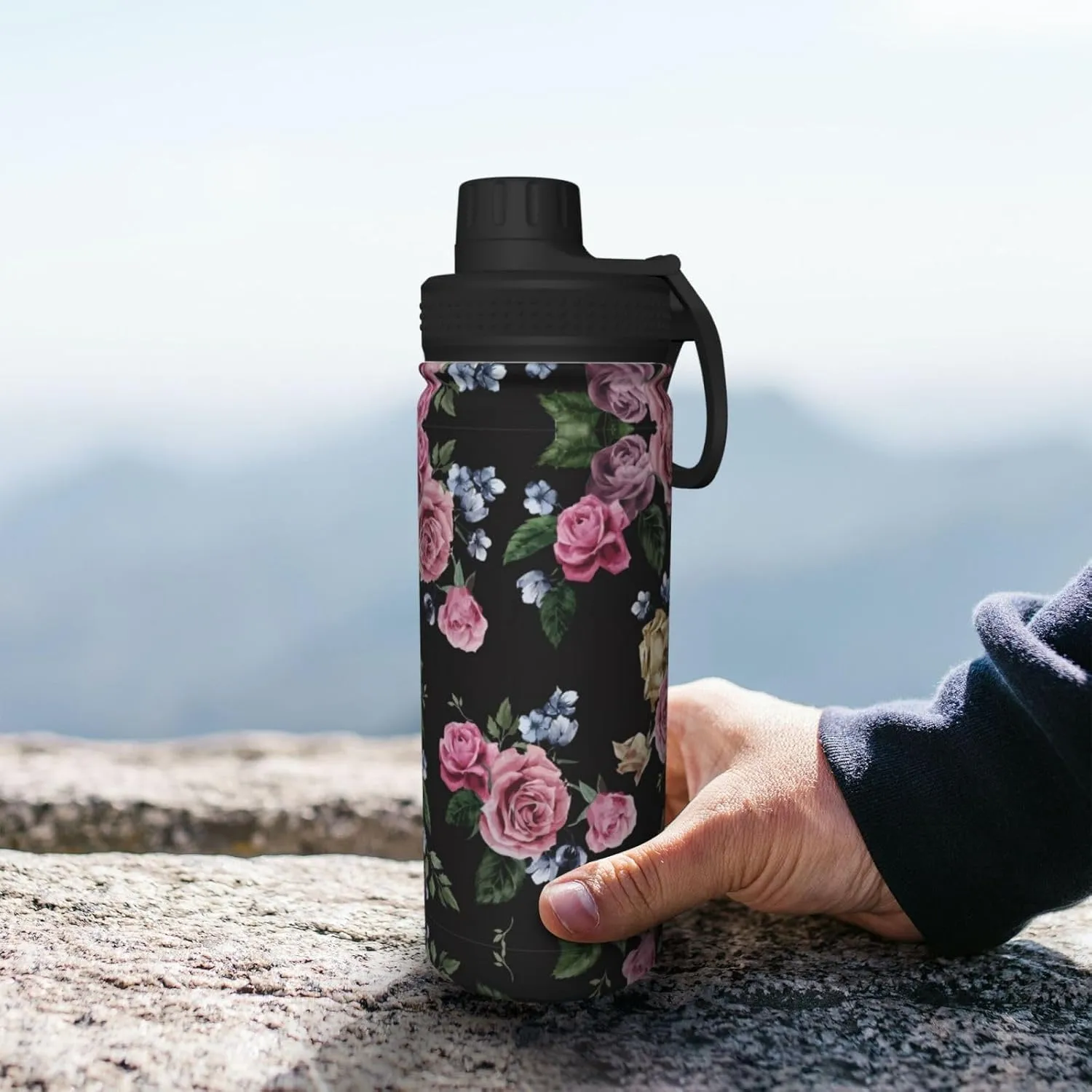 Black Blackgound Rose 18oz Sports Insulated Bottle For Outdoor Activities,Your Ideal Companion Staying Hydrated