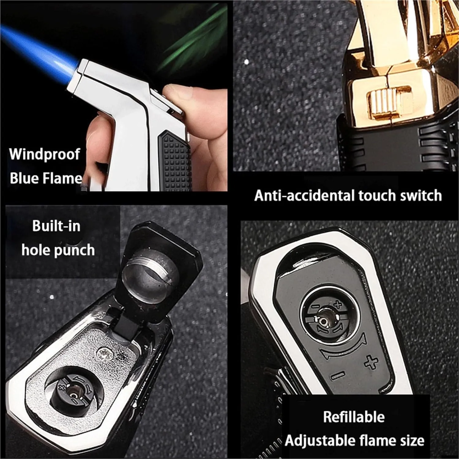 Blue Flame Windproof Butane Lighter, Multi-Function Portable Lighter, 360 Degree Rotation, Flame Adjustable and Lockable, Suitable for Candle Camping (Gas Not Included)(Gray)