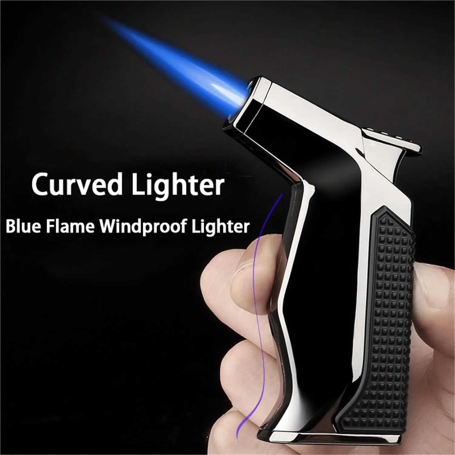 Blue Flame Windproof Butane Lighter, Multi-Function Portable Lighter, 360 Degree Rotation, Flame Adjustable and Lockable, Suitable for Candle Camping (Gas Not Included)(Gray)