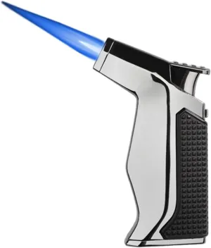 Blue Flame Windproof Butane Lighter, Multi-Function Portable Lighter, 360 Degree Rotation, Flame Adjustable and Lockable, Suitable for Candle Camping (Gas Not Included)(Gray)