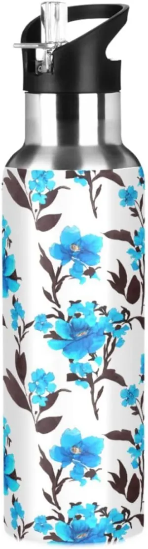 Blue Flowers Sports Water Bottle with Straw, 22oz BPA Free Stainless Steel Vacuum Insulated Bottle for Gym Fitness Outdoor