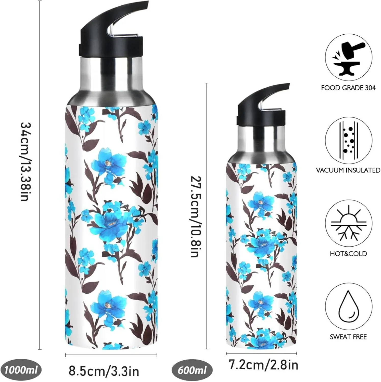 Blue Flowers Sports Water Bottle with Straw, 22oz BPA Free Stainless Steel Vacuum Insulated Bottle for Gym Fitness Outdoor