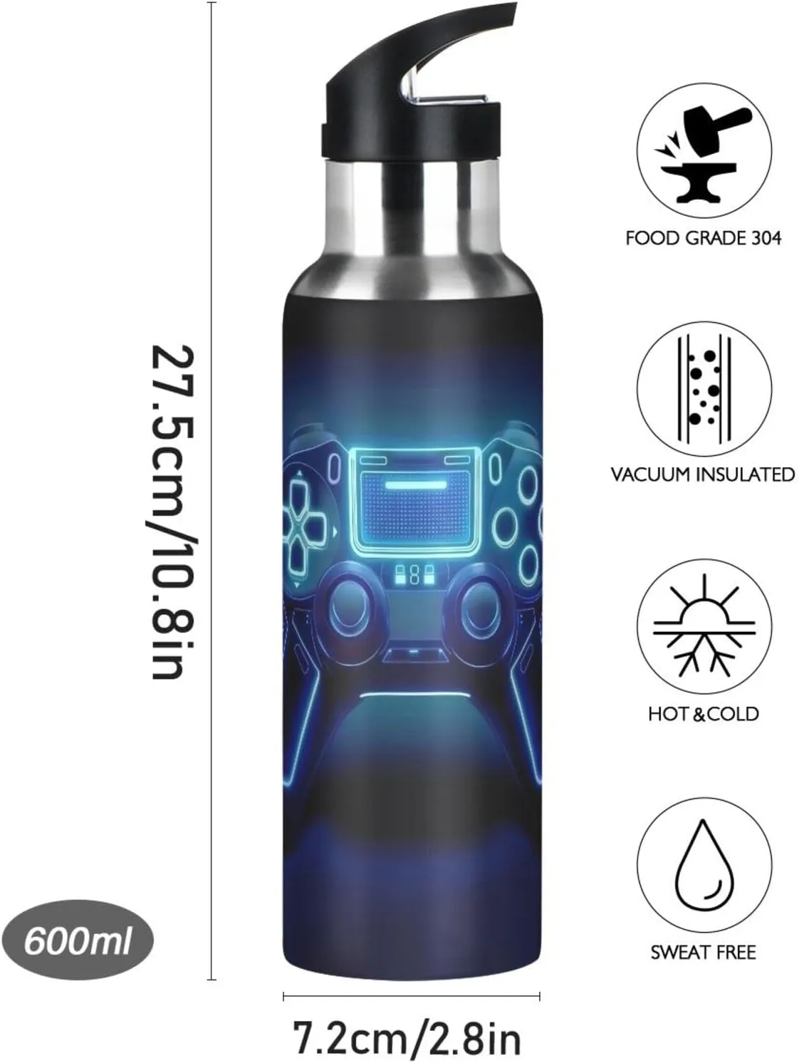 Blue Glowing Game Controller Water Bottle Leakproof Insulated Stainless Steel Hot Cold Water Flask with Straw Lid for Sports Travel 20 oz