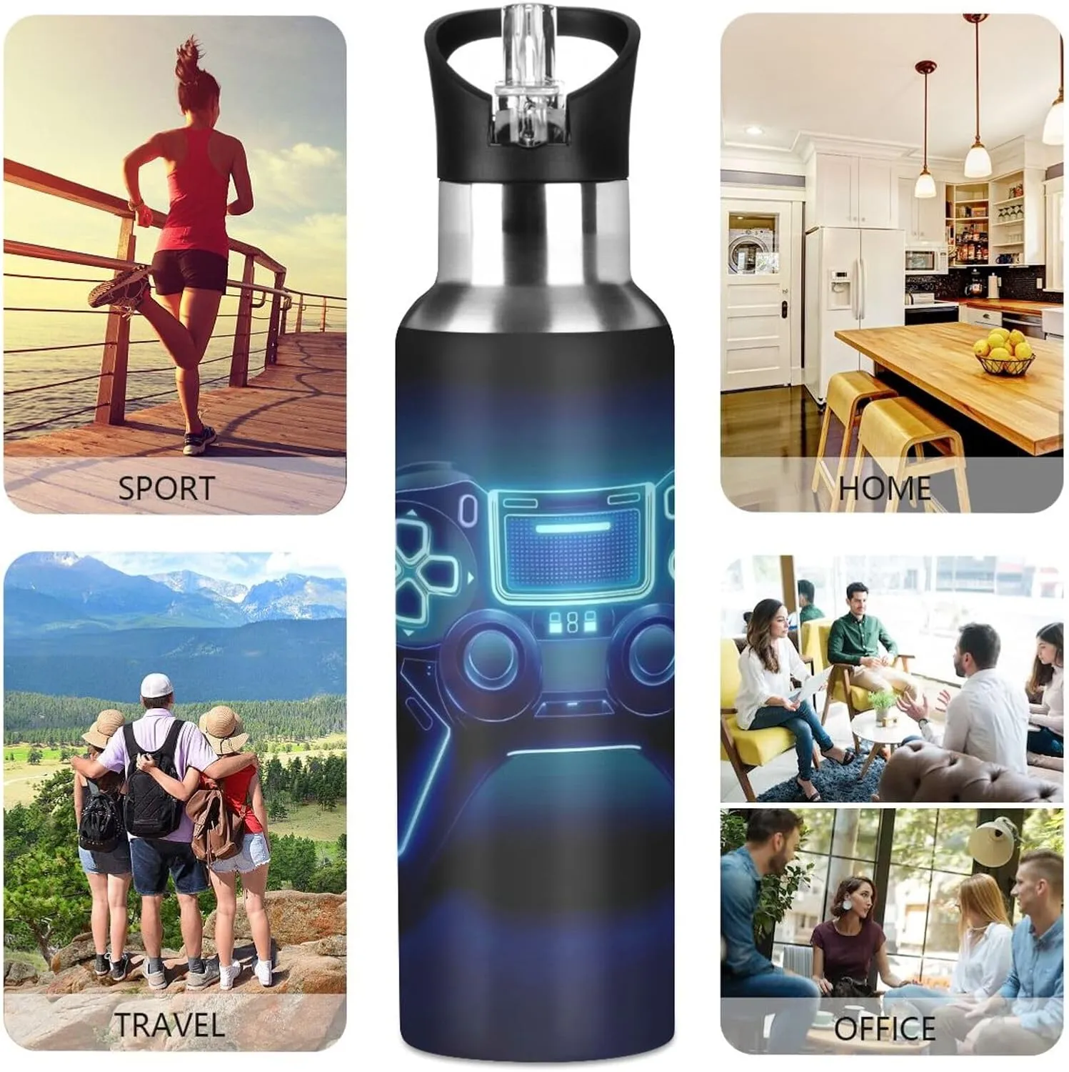 Blue Glowing Game Controller Water Bottle Leakproof Insulated Stainless Steel Hot Cold Water Flask with Straw Lid for Sports Travel 20 oz