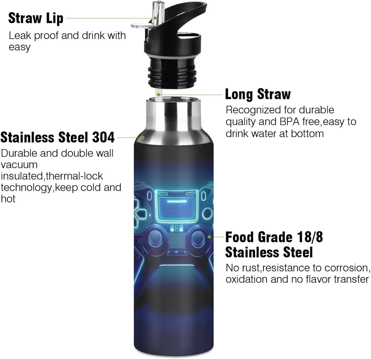 Blue Glowing Game Controller Water Bottle Leakproof Insulated Stainless Steel Hot Cold Water Flask with Straw Lid for Sports Travel 20 oz