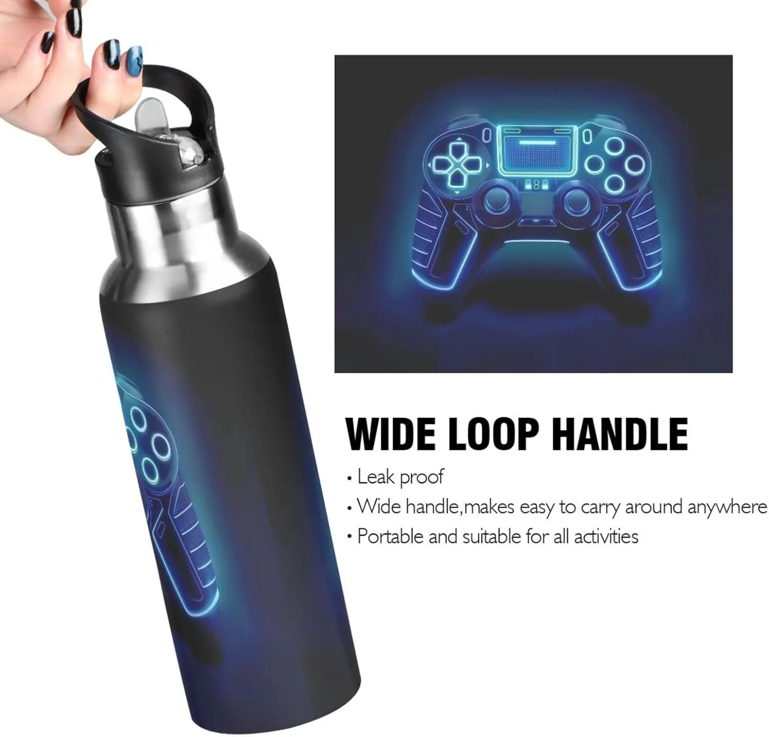 Blue Glowing Game Controller Water Bottle Leakproof Insulated Stainless Steel Hot Cold Water Flask with Straw Lid for Sports Travel 20 oz