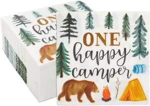 BLUE PANDA Camping Napkins for 1st Birthday Party Supplies, One Happy Camper (6.5 In, 100 Pack) - One Happy Camper Birthday Decorations